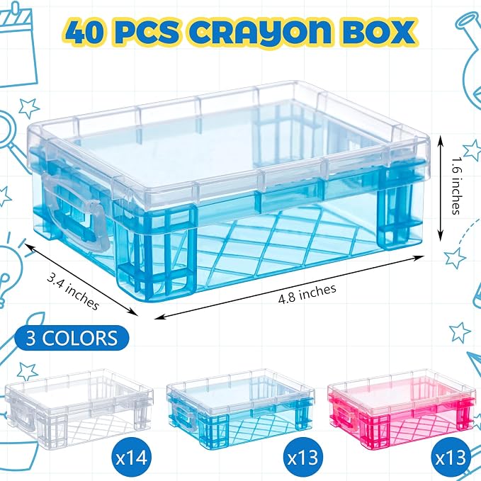 Suzile 40 Pcs Plastic Crayon Boxes Holds 24 Crayon with Snap Lid Storage Container Clear Stackable Case for School Office Classroom Supplies Pen Pencil Craft(Clear, Red, Blue) - Image 2