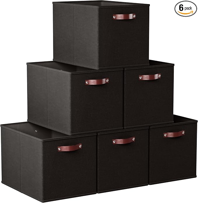 Ornavo Home 13x15x13 Foldable Fabric Storage Cube Bins, 6 Pack, Black | Collapsible Linen Shelf Basket Organizer; Leather Handles; Fits Cube Storage Shelving Units by OrnavoHome