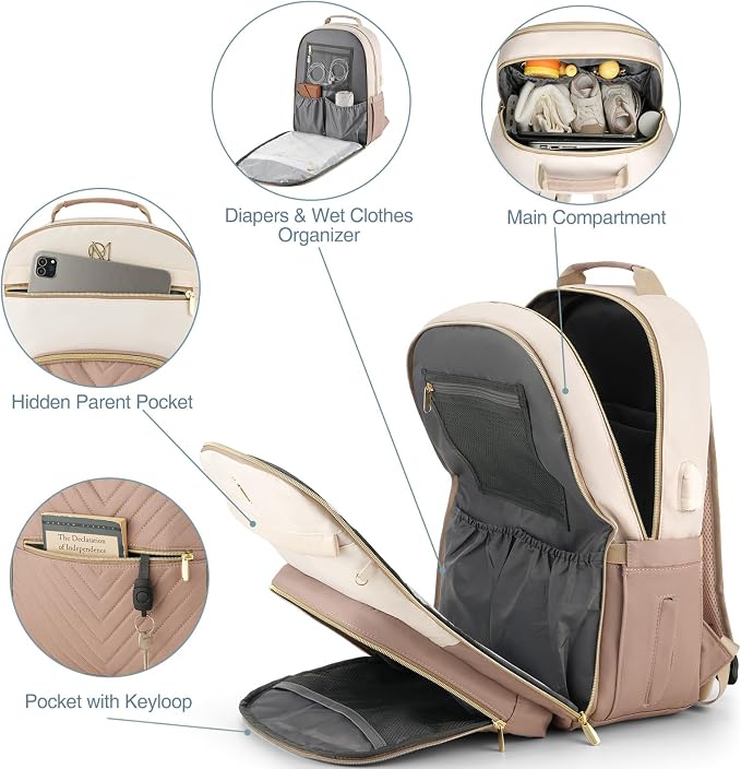 Diaper Bag Backpack, Quilted Baby Bag with Changing Pad & Stroller Straps & Pacifier Case, Large Travel Diaper Bags for Mom Dad, Khaki - Image 6