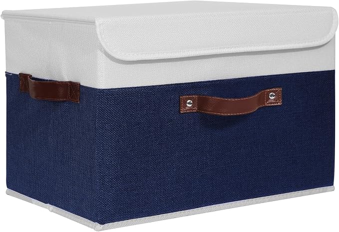 ANMINY Fabric Storage Box Bins with Lids, Blue White, 15"x10"x10" | Keepsake Memory Storage, Cotton Linen, PP Board Reinforced, Washable, PU Handles, Foldable & Stackable, Decorative, Large by ANMINY