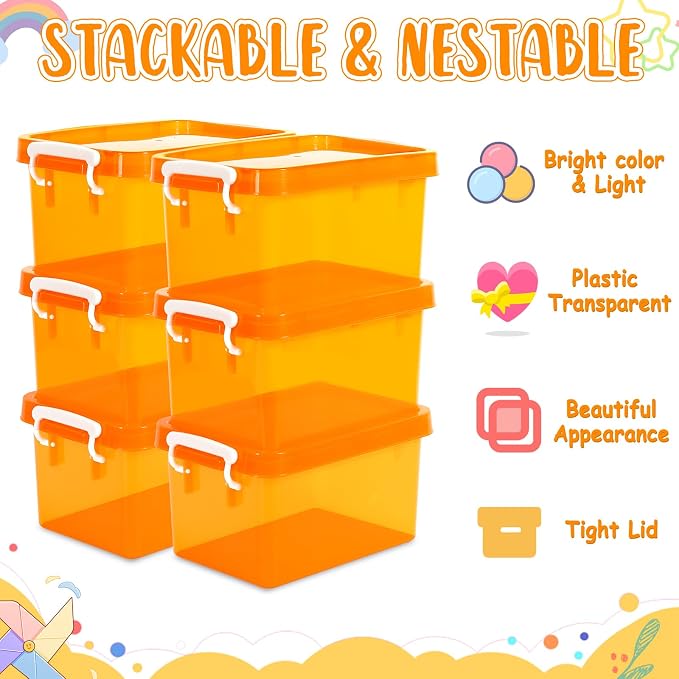6 Pack 4 Quart Colorful Plastic Storage Bins with Lids Stackable Storage Bins with Latching Lids Handle Clear Colored Storage Organizer Bins for Home Office Pantry Containers(Orange) - Image 3