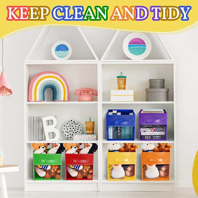 Marsui 12 Pcs Clear Cube Storage Bins Rainbow Colored Collapsible Kids Storage Bins Fabric Classroom Organizer with Window for Kid Playroom Room Daycare Nursery - Image 6