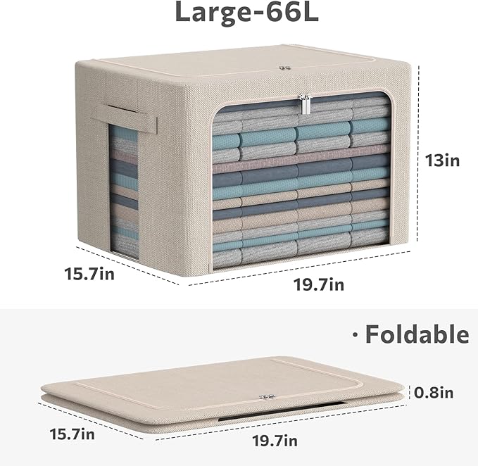 CYhom 3Pack Foldable Storage Bins - Frame Storage Box Linen Fabric Stackable Clothes Container Organizer with Clear Window & Carry Handles Large Capacity (Large-66L, Beige) - Image 4