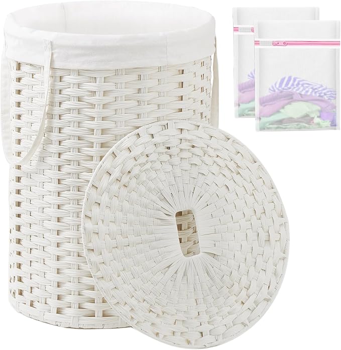 SETVSON Laundry Basket with Lid Round PE Rattan Laundry Hamper, White | 110L Large Woven Basket with Lid, Removable Washable Liner Bag, 2 Mesh Laundry Bags, Foldable Long Side Handles Versatile by SETVSON