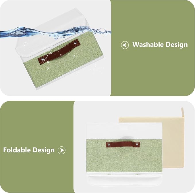 ANMINY Fabric Storage Box Bins with Lids, Green White, 15"x10"x10", 4 Pack | Keepsake Memory Storage, Cotton Linen, PP Board Reinforced, Washable, PU Handles, Foldable & Stackable, Decorative, Large - Image 3