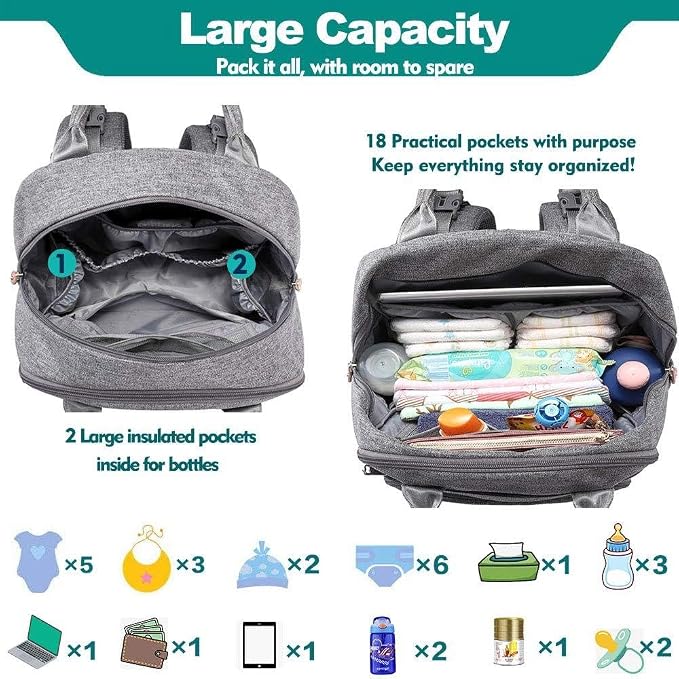 KAUKKO Baby Diaper Backpack Multifunction Travel Organizer with Stroller Straps Large Capacity and Durable (T1BLACK) (MGRAY) - Image 5