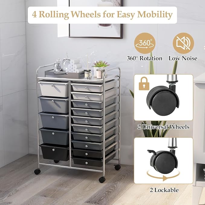 15 Drawer Rolling Storage Cart, Rolling Cart with Drawers for Classroom, Art Supply Craft Organizer on Wheel with Metal Frame & Handles for Home Office School - Image 4