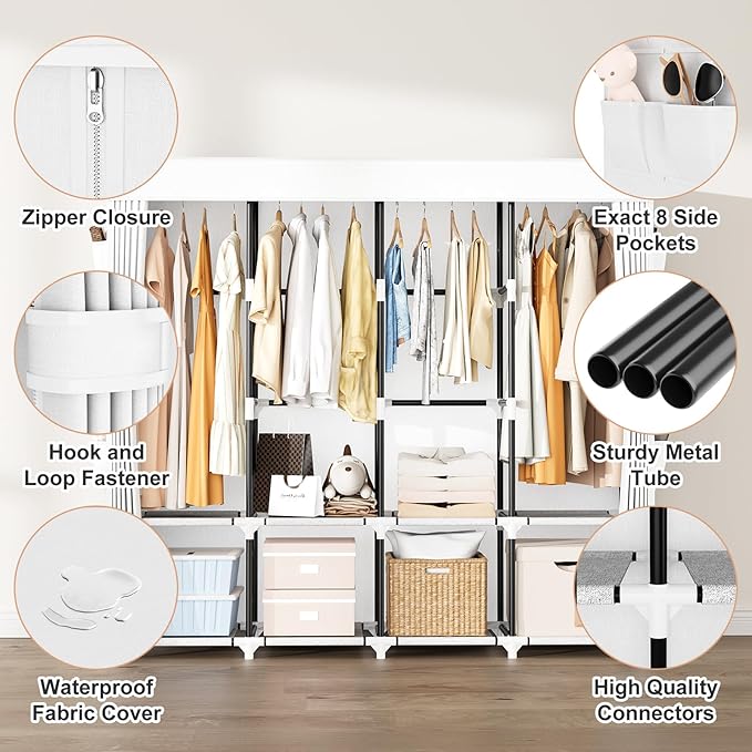 Portable Closet for Hanging Clothes, 67 Inch Wide Portable Wardrobe Closet with Cover, 4 Hanging Rod, Storage Shelves and Side Pockets, Large Free Standing Closet for Bedroom, White - Image 4