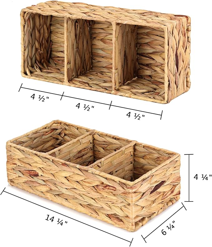 3 Section Wicker Storage Basket, Hand-Woven Water Hyacinth Storage Baskets, Wicker Baskets for Storage, Toilet Paper Basket for Toilet Tank Top, Small Baskets for Organizing Shelves, 2-Pack - Image 2