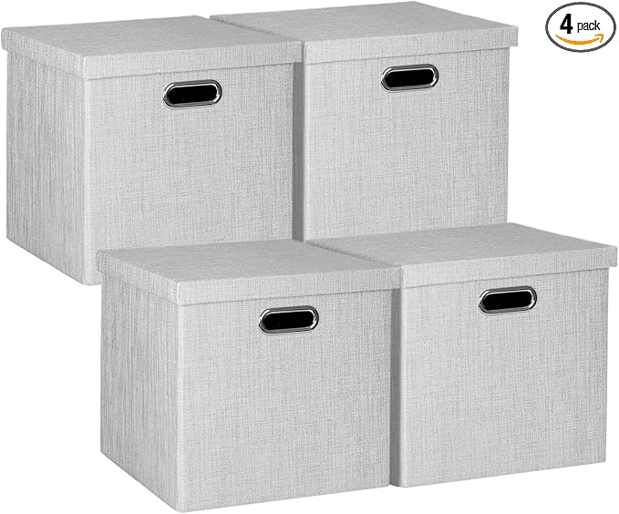 Posprica Storage Bins with Lids,13×13×13 Foldable Storage Cube Baskets Boxes Fabric Drawers for Closet Shelf Cabinet Bookcase,Set o f 4,Sliver grey by Posprica