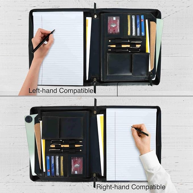 Leather Portfolio for Men, Portfolio Organizer with Zipper for Men Women, Leather Padfolios Business Resume Legal Pad Notebook Binder for A4/Pad (Black) - Image 3