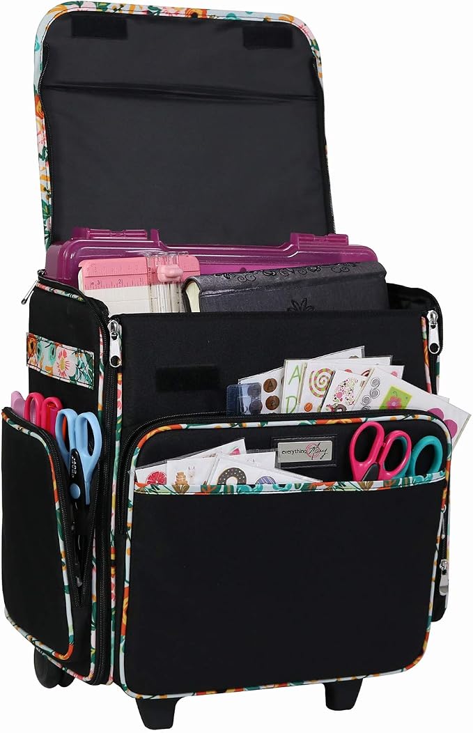 Everything Mary Rolling Scrapbook Tote – Black & Floral Trim Craft Bag with Wheels – Storage Organizer for Scrapbooking, Papercraft, Art Supplies & Craft Tools by EverythingMary