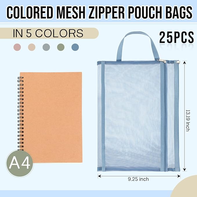 25 Pack Colored Mesh Zipper Pouch Bags Double Layer Nylon Puzzle Bags A4 Zipper Pouch with Handle for Toy Organizer Storage School Office(Gray, Blue, Vermilion, Khaki, Green) - Image 2