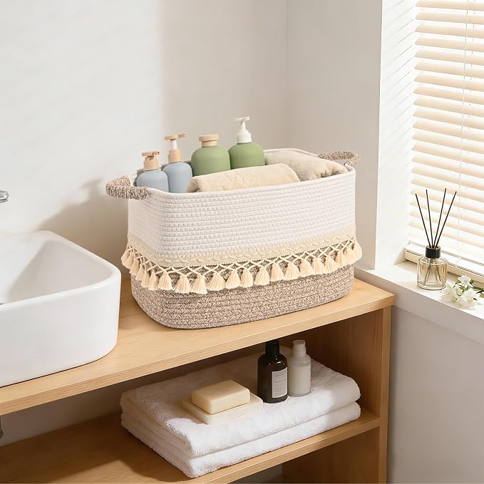 2 Pack Storage Basket for Shelves, Boho Cotton Rope Storage Bins with Heavy Tassel, Shelf Baskets Large Woven Baskets for Organizing, Cube Organizer Bins, Baby Laundry Basket for Clothes, Toys, Pets - Image 8