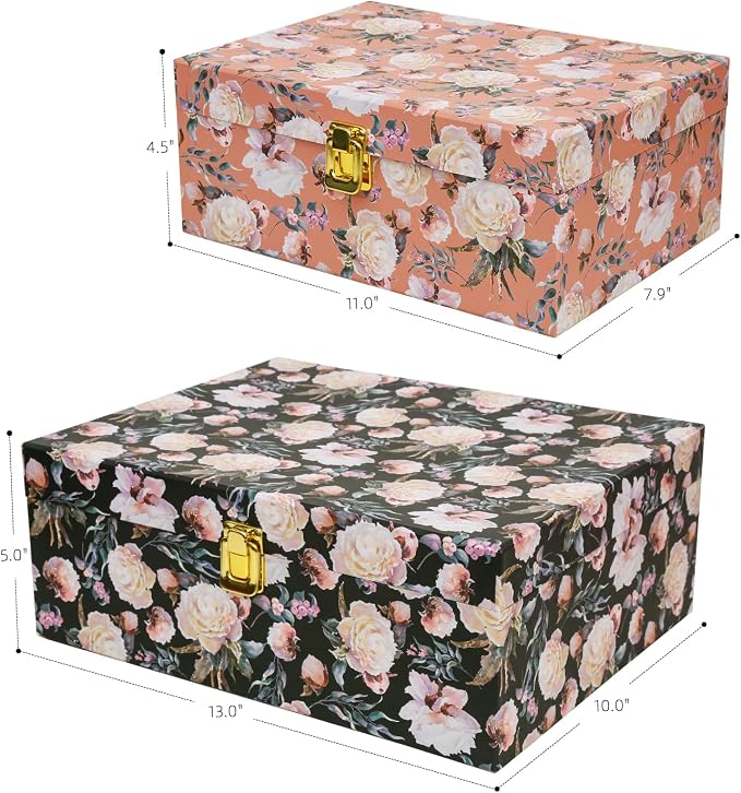 2-Piece Vintage Floral Keepsake Boxes with Lids, Romantic Botanical Garden Design, Decorative Cardboard Memory Storage with Gold-Tone Accent, Elegant Home Décor Storage - Image 4
