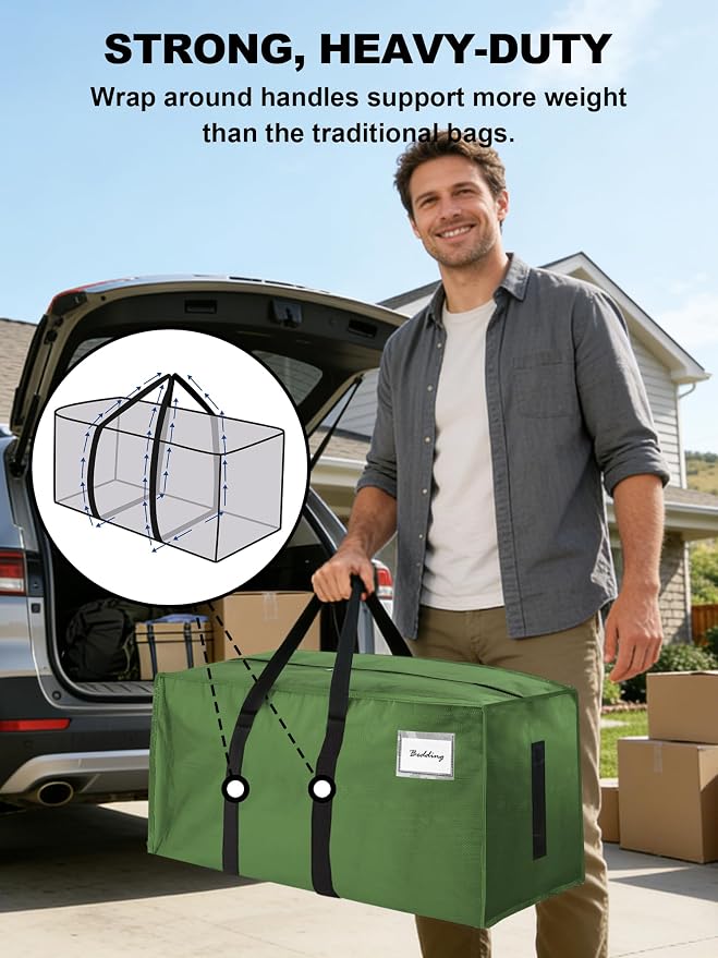 HOMESURE Supports 200lbs Heavy Duty Moving Bags - Strong Zipper & Wrap-Around Handles - Water-Resistant Storage Totes, Durable Alternative to Moving Boxes - 4 Pack - Olive Green - Image 2