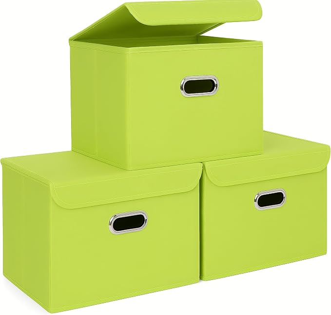 STOREONE Fabric Storage Cube Bins Foldable Organizer Container Collapsible Basket with Lids and Metal Handles, for Home, Bedroom, Closet 3 Pcs (multicolour-green) by STOREONE