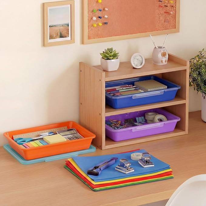 12 Pcs Classroom Paper Storage Bins with Clear Latching Lid, Label Stackable Letter Size Flat Tray Container for Teacher Back to School Supplies Home Office Desk Arts Crafts (Vibrant,13x10in) - Image 6