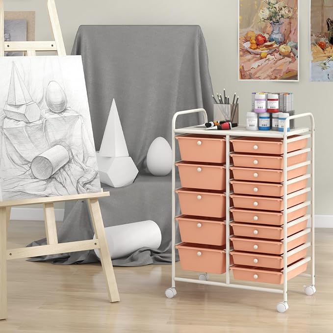 RELAX4LIFE 15-Drawer Storage Drawer Carts - Mobile Rolling Utility Cart w/Wheels, Craft Organizer for Classroom Organization and Storage, School, Office, Home, Storage Organizer Cart (Pink) - Image 7