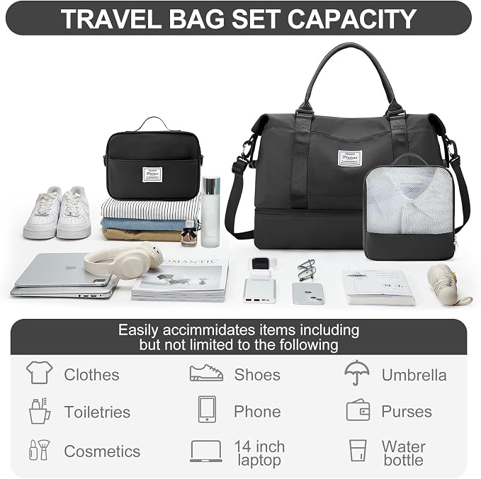 Weekender Bags for Women,Travel Duffle Overnight Bag with Shoe Compartment | Personal Item Carry On Bag,Gym Bag,3 Pcs Set - Image 2