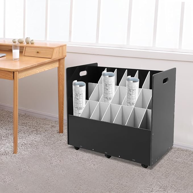 Blue Print Storage Organizer with Wheels, 21 Slots Roll Files Cart, Black | Mobile Blueprint Storage Rack Cart, Construction Plan Holder, Map Poster Storage Cabinet for Office Home School - Image 2