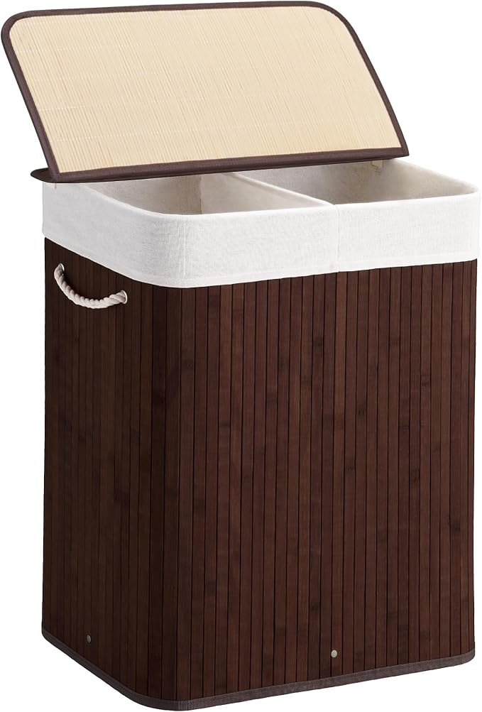 Aliphon 100L Laundry Hamper with lid, 2-Section Clothes Laundry Basket with Handles, Large Collapsible Bamboo Baskets for Bedroom, Bathroom, Dorm, Brown by Aliphonbyningge_ysHOME