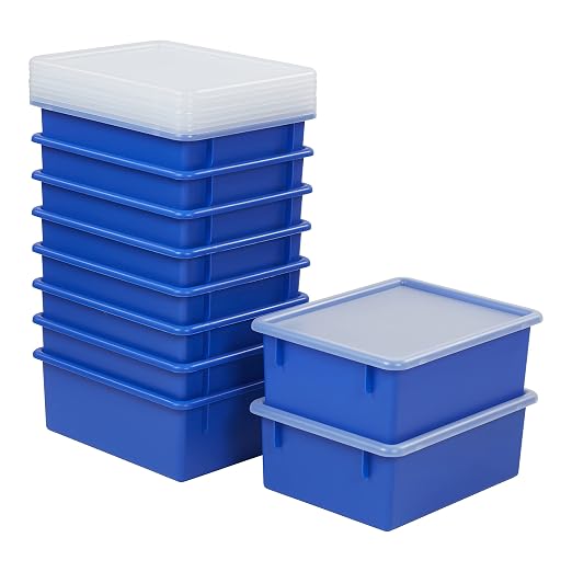 ECR4Kids Letter Size Plastic Tray Organizer with Lids, Large, Storage Bins, Blue, 10-Piece | Durable plastic, GREENGUARD Gold Certified, 1 gallon capacity, stackable/nestable, easy-lift lids, classroom & home use by ECR4Kids
