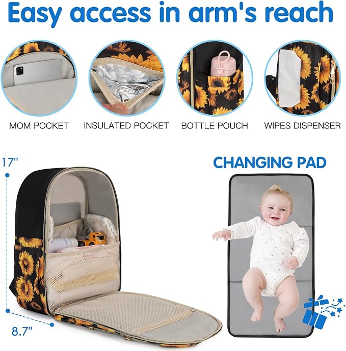 Baby Diaper Bag Backpack, Waterproof Diaper Backpack for Mom & Dad with Changing Pad, Insulated Pockets and Stroller Straps, Baby Shower Gifts for Girls & Boys, Sunflower - Image 5