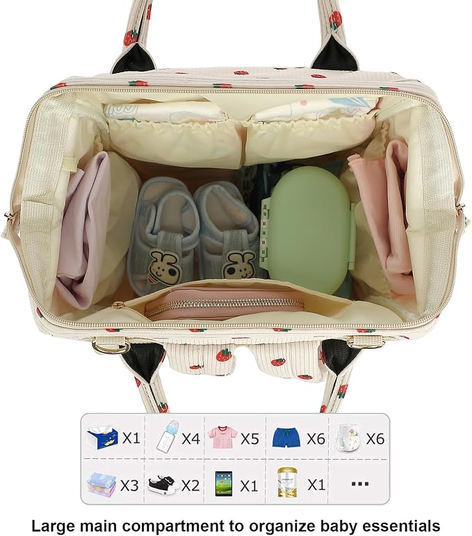 Corduroy Diaper Bag Backpack for Baby Girls Boys, Women Large Nappy Bags for Mom (Beige Corduroy Strawberry) - Image 5
