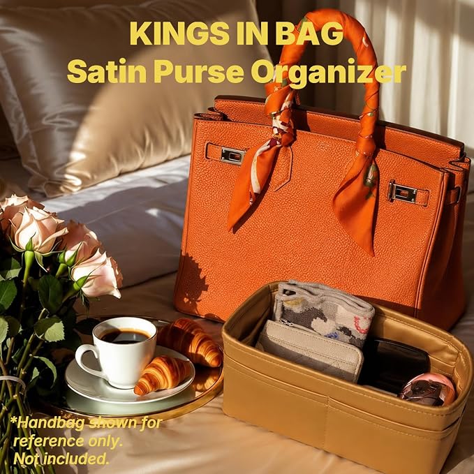 Satin Purse Organizer for Birkin 30, Biscuit | Retourne Style, Tailored Fit, Multiple Pockets, Lightweight Satin, Ideal for Travel, Shopping, and Daily Use - Image 2