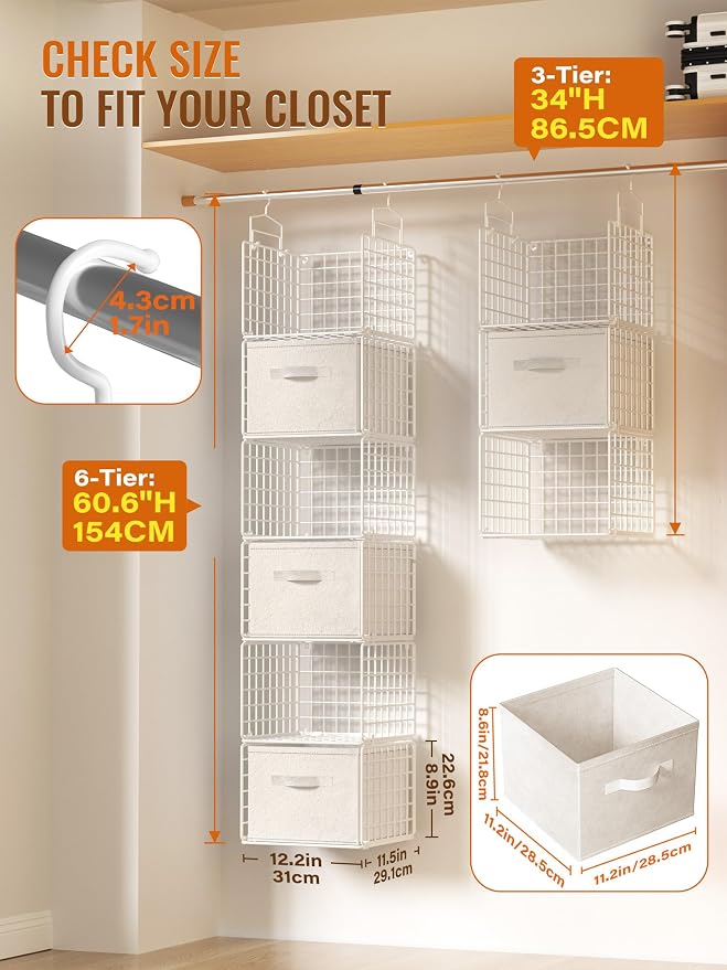 Closet Hanging Organizer with Drawers, 6 Tier Metal Closet Organizers and Storage with 4 Hanging Hooks 4 S-Hooks for Wardrobe Laundry Room, Wire Storage Shelf for Clothes Sweaters Pants (White) - Image 2