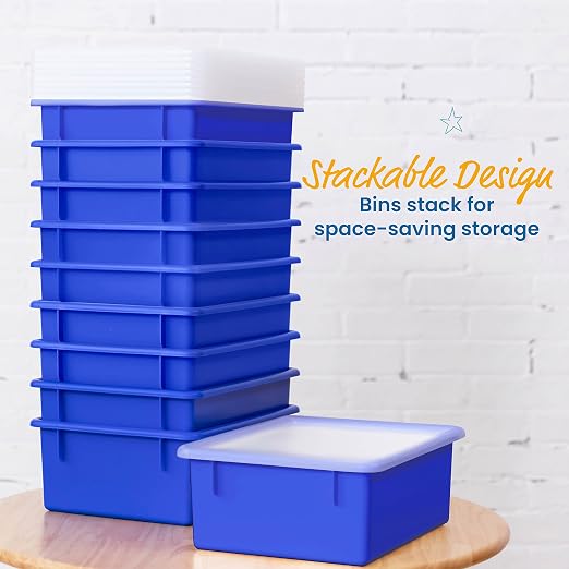 ECR4Kids Letter Size Plastic Tray Organizer with Lids, Large, Storage Bins, Blue, 10-Piece | Durable plastic, GREENGUARD Gold Certified, 1 gallon capacity, stackable/nestable, easy-lift lids, classroom & home use - Image 5