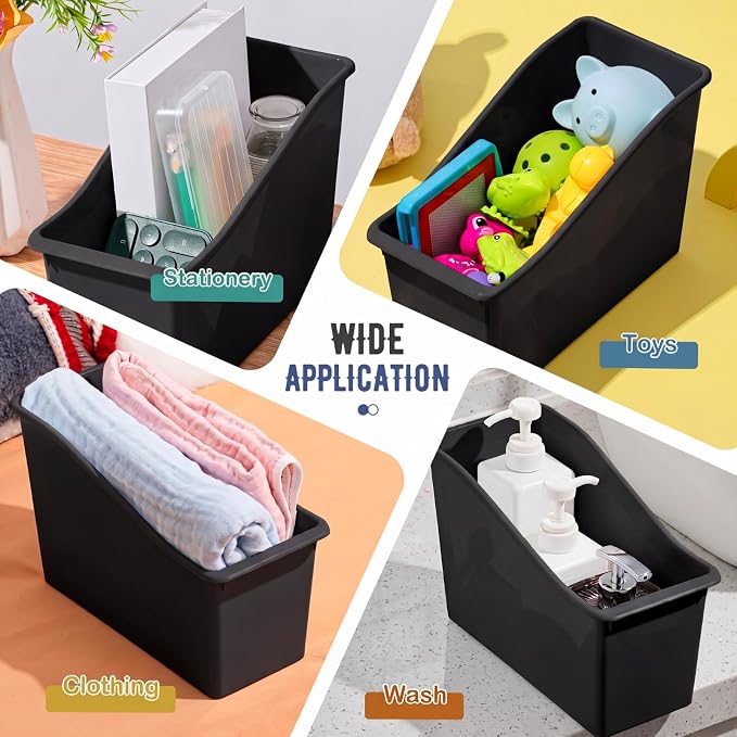Geetery 6 Pcs Book Bin for Classroom with Labels Stackable Plastic Organizing Bins 11.5 x 5.4 x 7.5 in Book Holders Storage Bins Box Baskets for Classroom Library Home (Black) - Image 5