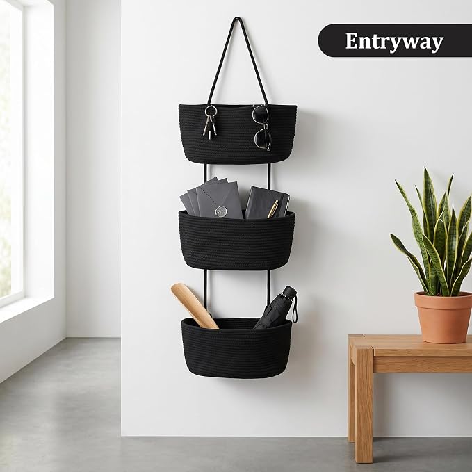 TeoKJ Over the Door Hanging Basket, 3-Tier Woven Cotton Wall-Mounted Storage Organizer Bag Decorative Hanging Nursery Baskets, Black - Image 7