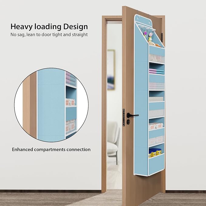 Univivi Fabric Over Door Hanging Organizer for Baby Nursery, Blue, 6-Shelf | Door Storage with Large Capacity Breathable Mesh Pockets, Over the Door Baby Organizer for Baby Essential, Bedroom, and Dorm - Image 2