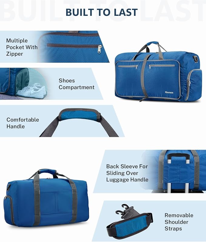 Gonex 60L Foldable Travel Duffle Bag with Shoe Compartment, Lightweight | 210D Nylon, Water-Repellent, Folds Compact, Multiple Pockets, Luggage Sleeve, Weekend Trips & Camping, Deep Blue - Image 5