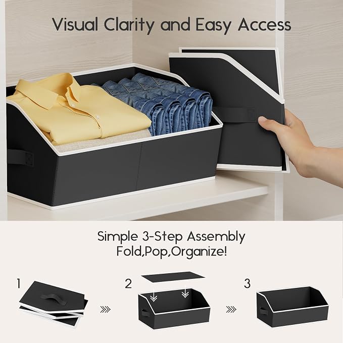 Large Closet Organizers and Storage Bins - 10 Pack Trapezoid Storage Baskets for Shelves, Foldable Fabric Baskets with Handles Ideal for Closet, Basket, Wardrobe and Shelf Storage, Black - Image 4