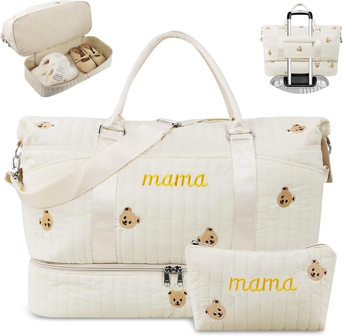 Mama Maternity Hospital Bag Essentials for Women Labor Delivery Baby Diaper Organizer with Shoe Compartment & Toiletry Pouch Travel Duffle Bag for Pregnancy Mommy Weekender Overnight Gifts,Beige Bear by izuzta