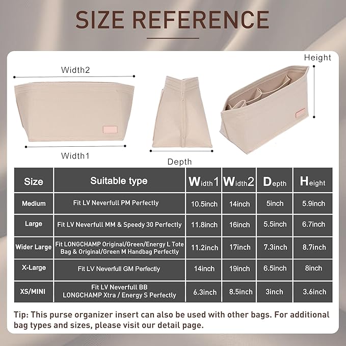 Purse Organizer Insert for Handbags & Base Shaper 2pc Set, Felt Neverfull GM Organizer Insert, Tote Bag Organizer with Zipper Pocket and Bottle Holder, Fit Neverfull GM and More, Beige-XL - Image 2