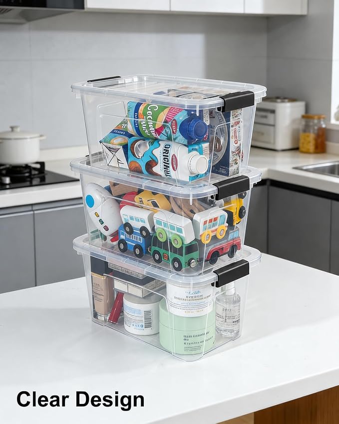 EOENVIVS Plastic Storage Bins with Lids 6 Pack, 7 Quart Storage Containers With Black Buckle Latch, Stackable Storage Organizers for Home Pantry Office Classroom Organization, Clear - Image 3