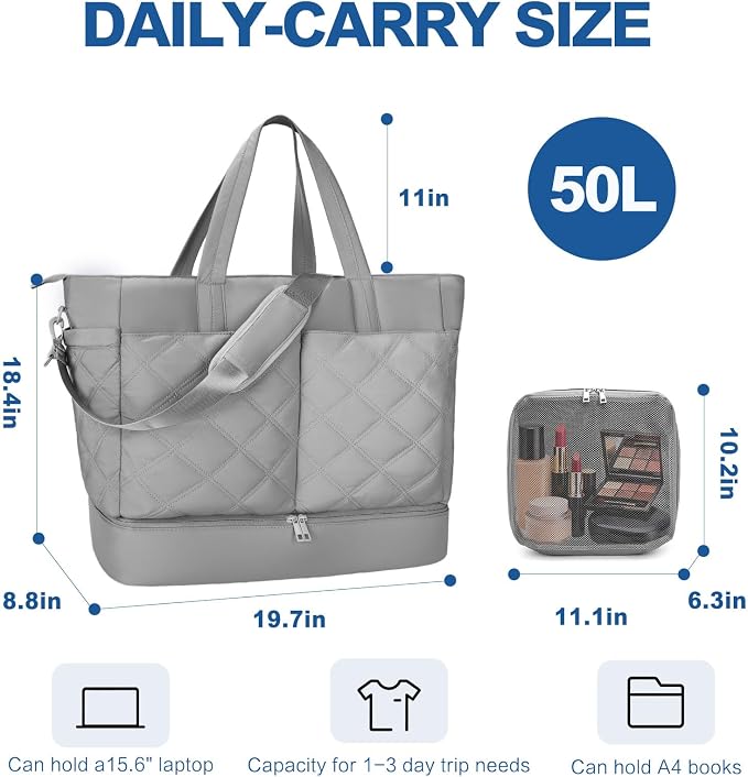 Large 2PCS Nylon Duffle Bag for Travel Weekender Overnight Hospital Gym Bag for Men & Women, Carry On Airline Approved Personal Item Duffel Garment Bag Luggage with Shoe Compartment & Packing Cube - Image 2