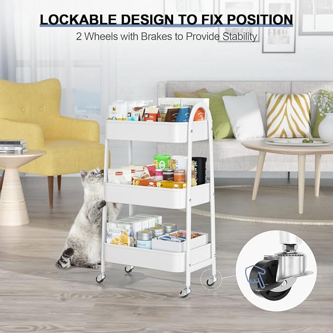 3 Tier Utility Rolling Cart, Metal Storage Cart with Handle and Lockable Wheels, Multifunctional Storage Organizer Trolley with Mesh Baskets for Kitchen, Living Room, Office, Garage (White) - Image 4