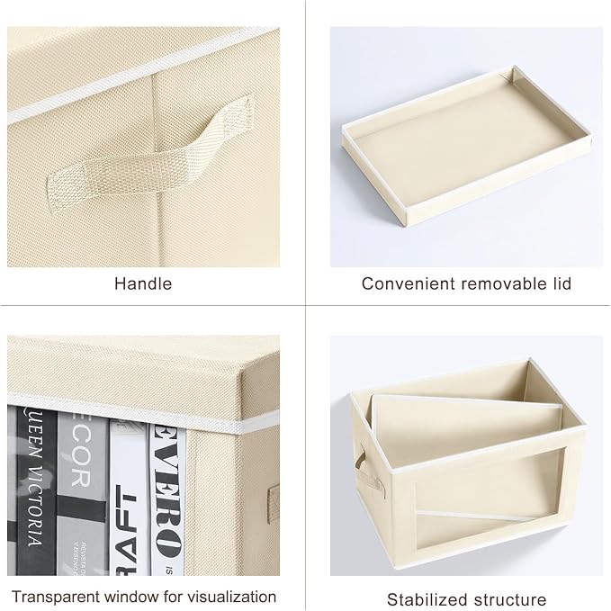 Storage Cubes with Lids - 5 Pack Foldable Clear Window Storage Bins, Large Decorative Storage Bins with Handles, Storage Containers for Clothes, Towel, Blanket, Sheet, Beige - Image 7