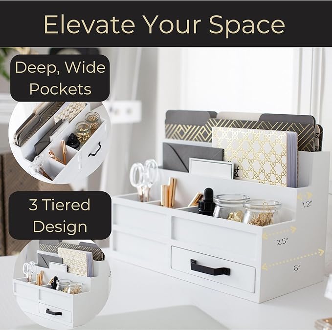 BLU MONACO | White Desktop Organizer with Drawer Storage | Tabletop Organizer with Drawers for Paper Bills Mail | Wooden Mail Organizer for Countertop Workspace - Image 3