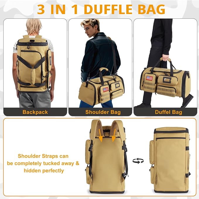 Expandable Gym Bag for Men,Tactical Large 3-in-1 Travel Duffle Backpack Bag | Water-Resistant Sports Bag With Shoes Compartment,Multi-Functional Travel Duffel Bag For Weekend, Overnight, Workout,Camping - Image 6
