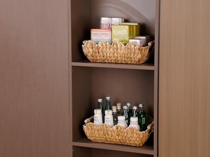 Coeusy Gift Basket, Cute Wicker Basket for Gifts, Scalloped Woven Water Hyacinth Storage Basket with Wooden Handles for Snack, Display, Shelves, 2 Pack - Image 6
