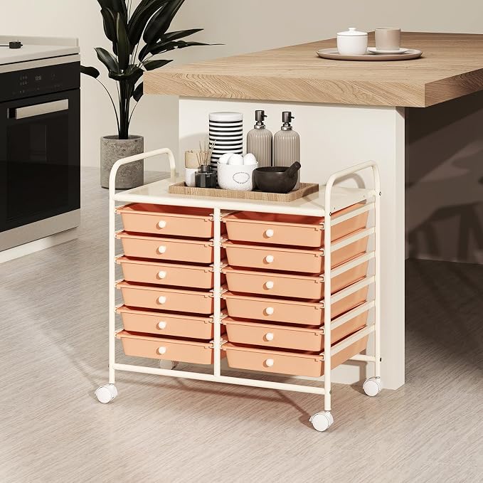 RELAX4LIFE 12-Drawer Rolling Storage Cart - Mobile Utility Cart on Wheels for School Classroom Teacher Office Salon, Paper File Art Supply Craft Organizer, Rolling Cart with Drawers (Pink) - Image 8