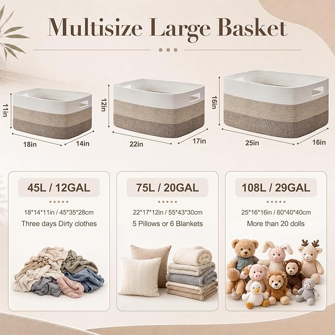 OIAHOMY Blanket Basket Laundry Basket Dog Toy Basket 75L Dark Grey | Large Storage Basket,Baby Basket,Toy Storage,Woven Rope Basket for Blankets,Blanket Storage for Living Room - Image 2