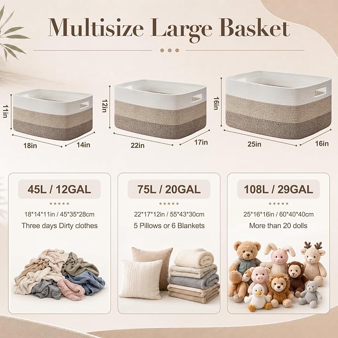 OIAHOMY Blanket Basket Laundry Basket Dog Toy Basket 75L Gradient Grey | Large Storage Basket,Baby Basket,Toy Storage,Woven Rope Basket for Blankets,Blanket Storage for Living Room - Image 2