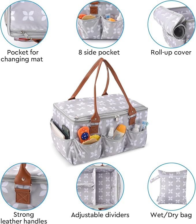 Diaper Caddy with Changing Mat, Large Baby Diaper Caddy Organizer with Lid, Portable Organizer Basket for Baby Essentials, Roll-Up Lid, Built-In Changing Mat Pocket - Image 3